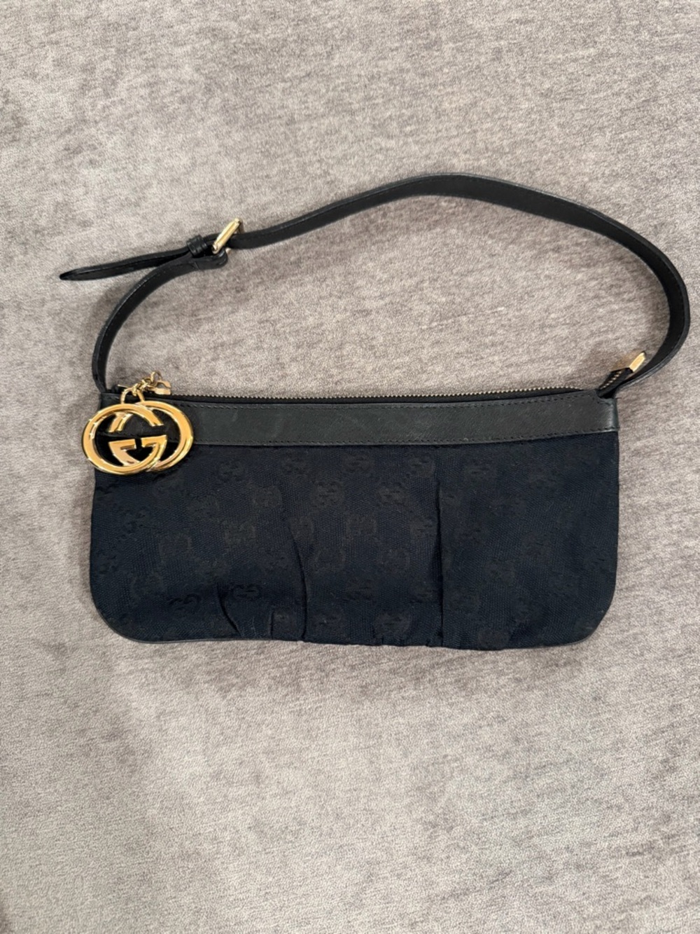Gucci Black Canvas Shoulder Pochette with Gold Interlocking G zipper